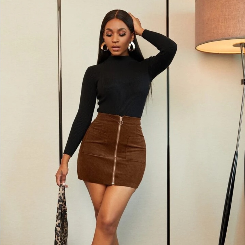 SHEIN BAE Pocket Zipper Front Corduroy Skirt